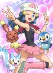  1girl armpits beanie blue_eyes blue_hair boots buneary double_v hat hikari_(pokemon) long_hair one_eye_closed pachirisu piplup pokemoa pokemon pokemon_(anime) pokemon_(creature) scarf skirt smile v 