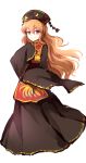  1girl black_dress chinese_clothes crescent_moon dena.ei dress hat highres junko_(touhou) long_hair long_sleeves moon orange_hair red_eyes sash simple_background smile solo tabard touhou white_background wide_sleeves 
