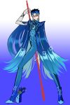  1boy bayonetta bayonetta_(character) bayonetta_(cosplay) blue_hair cosplay fate/stay_night fate_(series) gae_bolg highres lancer o-rui polearm solo spear weapon 
