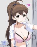  1girl ? bowieknife bra breasts brown_eyes brown_hair large_breasts long_hair open_clothes open_shirt ponytail shirt taneshima_popura underwear working!! 