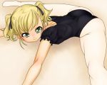  1girl blonde_hair green_eyes hair_ornament leotard lying on_floor on_stomach original pantyhose short_hair short_twintails simple_background smile solo twintails 
