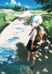  1girl backpack bag clouds fence from_behind hakuto_173 highres hill house looking_at_viewer looking_back original pencil_case puddle red_eyes road scenery school_uniform serafuku shadow short_hair sidelocks signpost silver_hair sky solo tree vanishing_point walking water 