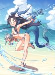 2girls ;d beach bikini black_hair blue_eyes breasts carrying character_request dragon_girl dragon_tail head_fins highres karin_(p&amp;d) long_hair multiple_girls ocean one_eye_closed open_mouth puzzle_&amp;_dragons sandals smile swimsuit tail water water_gun white_bikini white_swimsuit yellowpaint. 
