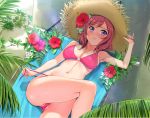  1girl bare_arms bikini bikini_pull blush breasts cleavage flower hair_flower hair_ornament hand_on_headwear hat hibiscus leaf long_hair looking_at_viewer love_live!_school_idol_project lying midriff minyon navel nishikino_maki on_back open_mouth pink_eyes redhead solo straw_hat swimsuit 