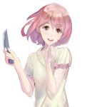  1girl :d hair_between_eyes hidezi knife looking_at_viewer open_mouth pink_eyes pink_hair short_hair simple_background smile solo white_background 
