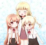  3girls :d ^_^ aoba_(kona) blonde_hair brown_eyes brown_hair closed_eyes hair_ornament hairclip hand_on_another&#039;s_head long_hair multiple_girls oomuro-ke oomuro_hanako oomuro_sakurako open_mouth red_eyes school_uniform serafuku siblings sisters skirt smile takasaki_misaki twintails very_long_hair yuru_yuri 