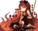  1girl bare_shoulders black_legwear boots bow detached_sleeves fire hair_bow lemontea long_hair magical_girl mahou_shoujo_madoka_magica mouth_hold pocky polearm ponytail red_eyes redhead sakura_kyouko sitting smile solo spear thigh-highs weapon 