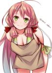  1girl akashi_(kantai_collection) apron arms_behind_back blush breasts cleavage green_eyes headband highres kantai_collection long_hair n@ss pink_hair simple_background sketch smile solo twitter_username white_background 