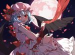  1girl alcohol bat_wings blue_hair bow cup dress flower full_moon hat hat_flower mob_cap moon night petals red_eyes remilia_scarlet short_hair sindre solo spill touhou wine wine_glass wings wrist_cuffs 
