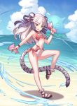  1girl bikini braid breasts dolphin double_bun fang haku_(p&amp;d) highres long_hair looking_at_viewer multicolored_hair ocean puzzle_&amp;_dragons sandals solo swimsuit tail tiger_tail twin_braids two-tone_hair under_boob water white_hair yellow_eyes yellowpaint. 