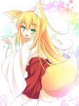  :d animal_ears blonde_hair fox_ears fox_tail green_eyes hakama_skirt haori japanese_clothes looking_at_viewer looking_back miko open_mouth original roshin smile tail thigh-highs 