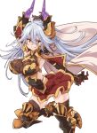  1girl blue_hair breasts gloves granblue_fantasy grin horns long_hair looking_at_viewer red_eyes sarasa_(granblue_fantasy) simple_background smile solo thomasz white_background 