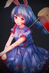  1girl animal_ears blood blood_on_face blood_splatter bloody_dress bloody_hands bloody_weapon blue_dress blue_hair braid dress glowing glowing_eyes highres looking_at_viewer mallet open_mouth puffy_short_sleeves puffy_sleeves rabbit_ears red_eyes seiran_(touhou) shone short_sleeves smile solo touhou weapon 
