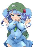  1girl absurdres backpack bag between_breasts blue_eyes blue_hair blush breasts cucumber flanvia hair_bobbles hair_ornament hat highres kawashiro_nitori key long_sleeves looking_at_viewer open_mouth sexually_suggestive shirt short_hair simple_background skirt solo touhou two_side_up white_background 