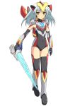  1girl bodysuit cross_(crossryou) elbow_gloves female genderswap gloves long_hair magical_girl personification silver_hair solo sword thigh-highs ultra_series ultraman_ginga_s ultraman_victory weapon yellow_eyes 
