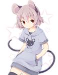  1girl akagashi_hagane alternate_costume animal_ears black_legwear clothes_writing grey_hair hands_in_pockets hood hoodie mouse mouse_ears mouse_tail nazrin red_eyes short_hair short_sleeves smile solo star tail thigh-highs touhou zettai_ryouiki 