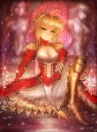  1girl ahoge blonde_hair breasts dress epaulettes fate/extra fate_(series) girlsay greaves green_eyes highres red_dress saber_extra see-through solo statue 