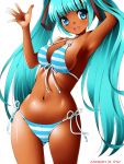  1girl aqua_hair arm_up armpits bikini blue_eyes dr_rex hatsune_miku long_hair navel open_mouth side-tie_bikini simple_background solo striped striped_bikini striped_swimsuit swimsuit tan twintails very_long_hair vocaloid white_background 