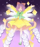  bow closed_eyes danmaku dress ellipsis_(mitei) gradient gradient_background green_bow green_shoes hair_bow highres light_particles long_sleeves open_mouth red_bow rengeteki shoes simple_background smile socks touhou touhou_(pc-98) white_legwear wings yellow_dress 