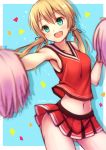  1girl aqua_eyes blonde_hair blue_background breasts cheerleader kantai_collection long_hair midriff n@ss navel pom_poms prinz_eugen_(kantai_collection) red_skirt skirt solo twintails twitter_username 