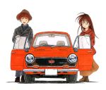  1boy 1girl ^_^ blush brown_hair car closed_eyes coat couple glasses honda honda_n360 long_hair long_skirt looking_at_viewer motor_vehicle necktie open_mouth pants ribbed_sweater right-hand_drive shadow shoes simple_background skirt smile standing sweater traditional_media turtleneck vehicle watanabe_(yellow_comet_ap1) 