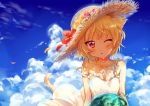 1girl animal_ears bare_shoulders blonde_hair blush cat_ears cat_tail dress food fruit hat off_shoulder one_eye_closed open_mouth original red_eyes sakuro short_hair solo straw_hat sweat tail watermelon 
