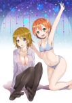  2girls arm_up black_legwear blouse breasts highres hoshizora_rin koizumi_hanayo large_breasts light_brown_hair looking_at_viewer love_live!_school_idol_project midriff multiple_girls nachi_(heikou_sekai) no_bra open_mouth orange_hair pantyhose short_hair sitting small_breasts underwear violet_eyes yellow_eyes 