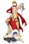  2boys armor blindfold blonde_hair blue_hair chain fate/stay_night fate_(series) gilgamesh highres human_furniture jewelry lancelot_(smalock) lancer multiple_boys necklace shirtless tattoo 