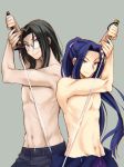  2boys assassin_(fate/stay_night) black_hair blue_hair fate/stay_night fate_(series) fumizuka_eiri glasses kamehima katana mahou_tsukai_no_yoru multiple_boys ponytail shirtless sword type-moon weapon 