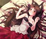  1girl animal_ears bare_arms bare_shoulders blush breasts brooch brown_eyes brown_hair cleavage collarbone fang imaizumi_kagerou jewelry long_hair lying on_back shirt skirt solo strapless tail touhou very_long_hair volcano_(liao) werewolf wolf_ears wolf_tail 