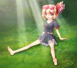  1girl alternate_costume barefoot blush bow casual hair_bow red_eyes rumia sitting solo touhou tree_shade wreath z.o.b 