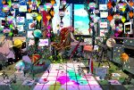 1girl barefoot colorful confetti couch furniture high_heels interior lantern leg_hug long_hair magatan original painting_(object) pink_hair planet plant room roomscape scenery shoes_removed sitting solo surreal telescope umbrella vines 
