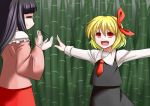  2girls :d bamboo bamboo_forest black_hair blonde_hair fang forest hair_ribbon houraisan_kaguya long_hair multiple_girls nature open_mouth outstretched_arms qbthgry red_eyes ribbon rumia shirt short_hair skirt smile spread_arms touhou vest 
