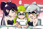  ... 3girls :o aori_(splatoon) bare_shoulders blue_eyes blush breast_press breasts cleavage commentary_request detached_collar domino_mask green_eyes grey_hair hair_rings heart hotaru_(splatoon) inkling large_breasts long_hair mask mole mole_under_eye multiple_girls open_mouth pen pointy_ears purple_hair shirt splatoon spoken_blush spoken_ellipsis sweat tentacle_hair translation_request usa_(dai9c_carnival) white_shirt writing yellow_eyes 