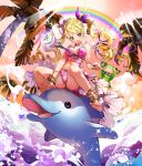  1girl barefoot beach bikini blonde_hair blue_eyes chushengdao dolphin flower hair_flower hair_ornament kaku-san-sei_million_arthur long_hair looking_at_viewer open_mouth palm_tree rainbow solo swimsuit tree twintails wand water 