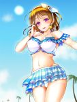  1girl bikini breasts brown_hair highres koizumi_hanayo looking_at_viewer love_live!_school_idol_project parted_lips ramucha short_hair smile solo swimsuit violet_eyes 