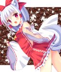  1girl animal_ears ascot bare_shoulders blush bow detached_sleeves hair_bow hair_tubes hakurei_reimu hakurei_reimu_(cosplay) hazakura_satsuki highres inubashiri_momiji long_sleeves looking_at_viewer open_mouth red_eyes ribbon-trimmed_sleeves ribbon_trim sarashi shirt silver_hair skirt skirt_set solo tail touhou wide_sleeves wolf_ears wolf_tail 