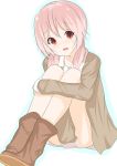  1girl boots coat covering covering_crotch highres leg_hug legs_together long_hair low_twintails morinaoekaki open_clothes open_coat pink_hair red_eyes sitting solo twintails yoshikawa_tomoko yuru_yuri 