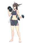  1girl and bike_shorts black_hair breasts groin headgear kantai_collection large_breasts long_hair nagato_(kantai_collection) navel red_eyes smile solo sports_bra toned weightlifting weights 