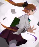  1girl ahoge akigumo_(kantai_collection) brown_hair from_side green_eyes hair_ornament hair_ribbon holding kantai_collection long_hair looking_at_viewer outstretched_arm pantyhose paper pleated_skirt ponytail ribbon sayori_(artist) school_uniform skirt solo thigh-highs very_long_hair 