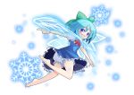  1girl barefoot bloomers blue_eyes blue_hair bow cirno hair_bow ice ice_wings leg_lift looking_back snowflakes solo touhou underwear wings z.o.b 