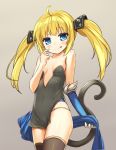  1girl ahoge blonde_hair blue_eyes blush cat_tail highres licking_lips long_hair looking_at_viewer original small_breasts smile solo sora46 tail thigh-highs tongue tongue_out twintails 