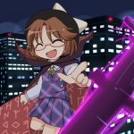  1girl bow building cape hat hat_bow mikan_imo night open_mouth pointing runes skyscraper smile solo touhou usami_sumireko 