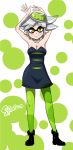  +_+ 1girl black_dress blush detached_collar domino_mask dress green_legwear grey_hair hair_rings highres hotaru_(splatoon) mask mole mole_under_eye pantyhose pointy_ears short_hair smile solo splatoon strapless_dress symbol-shaped_pupils tentacle_hair usa_(dai9c_carnival) yellow_eyes 