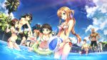  3boys 4girls :d :o ^_^ absurdres agil asuna_(sao) bald ball bandana bare_shoulders beachball bikini black_eyes black_hair blush braid breasts brown_eyes brown_hair cleavage closed_eyes dark_skin facial_hair female frilled_bikini frills goatee green_eyes hair_ornament hairclip highres innertube kirigaya_suguha kirito klein large_breasts lisbeth long_hair male midriff multiple_boys multiple_girls navel open_mouth pool red_eyes short_hair shorts side-tie_bikini silica single_braid sitting smile standing striped striped_bikini striped_swimsuit swim_trunks swimsuit sword_art_online tears twintails wading wet wrist_grab yuuki_tatsuya 