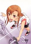  1girl bicycle bike_shorts hair_between_eyes leaning_forward light_brown_hair long_hair looking_at_viewer open_mouth original red_eyes road road_bicycle shirt solo white_shirt 