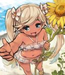  1girl :d beach bikini blonde_hair blue_eyes fang flower frilled_bikini frills gradient_hair granblue_fantasy groin holding holding_flower io_(granblue_fantasy) itsukia long_hair looking_at_viewer multicolored_hair navel open_mouth smile solo sunflower swimsuit tan twintails twitter_username water 