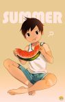  1boy :t ? barefoot black_eyes black_hair eating food food_on_face fruit indian_style looking_at_viewer male_focus noeyebrow_(mauve) original short_hair shorts sitting solo summer tan tank_top tanline watermelon 