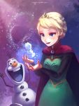  1girl blonde_hair blue_eyes elsa_(frozen) frozen_(disney) hair_up jiroart magic olaf_(frozen) snowman 