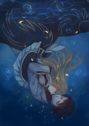  1boy 1girl beatrice blonde_hair blue_eyes bubble closed_eyes dress feesh hair_down hug petals redhead spoilers umineko_no_naku_koro_ni underwater upside-down ushiromiya_battler 